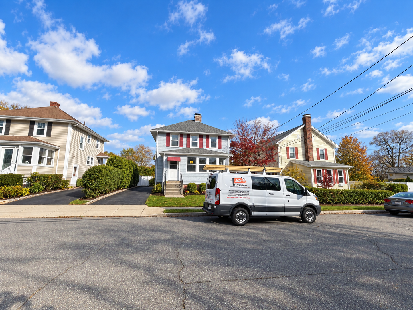King of Remodeling work van parked in front of a completed exterior remodeling project